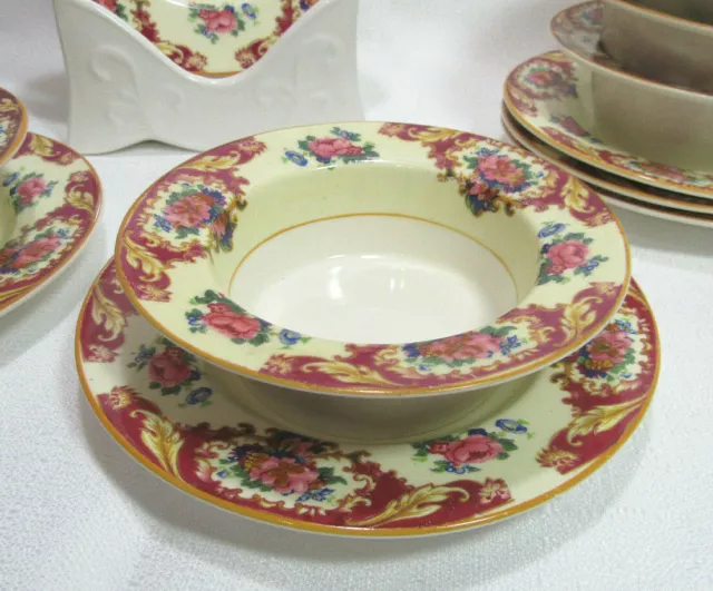 GRINDLEY England Ivory  Art Deco Five (5) Red Pink Blue Ramekins with Saucers