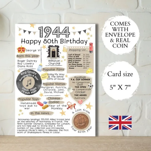 80th Birthday Card With 1944 Coin & Envelope - Choose your Card Colour -British