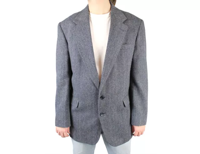 Herringbone Tweed Blazer 44L Slim Vintage Slate Blue Wool Jacket Coat Haggar