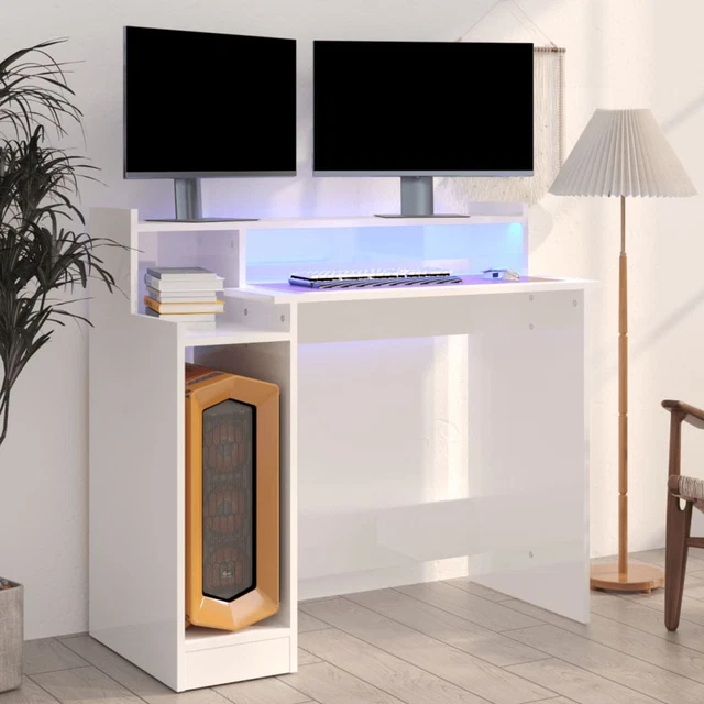 Schreibtisch mit LEDs Hochglanz-Weiß 97x45x90  Holzwerkstoff W0C2