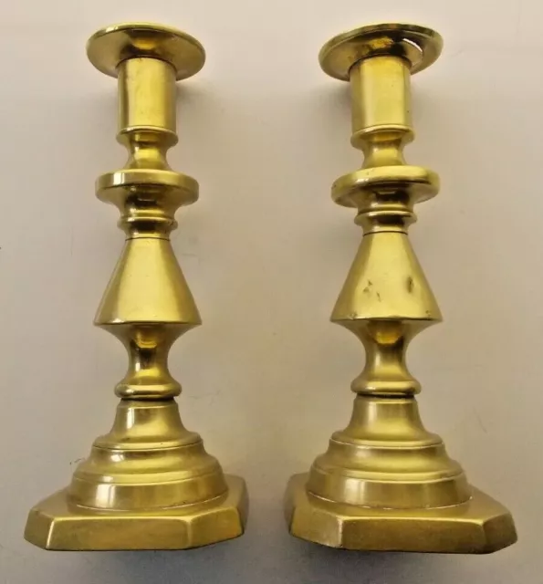 Pair of Victorian Brass Push up Candlesticks square base 7.5 inch tall