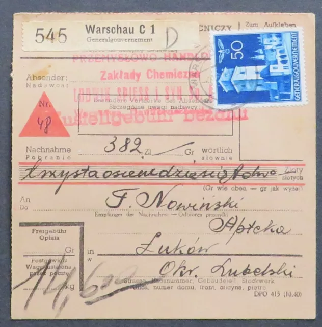 Generalgouvernement, 1941, MiNr. 48 und 63 auf NN-Paketkarte aus Warschau
