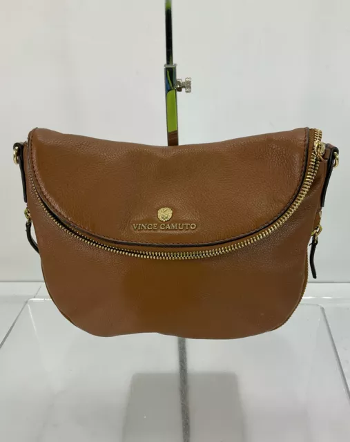 Vince Camuto Saddle Brown Pebbled Leather Fold Over Crossbody Bag