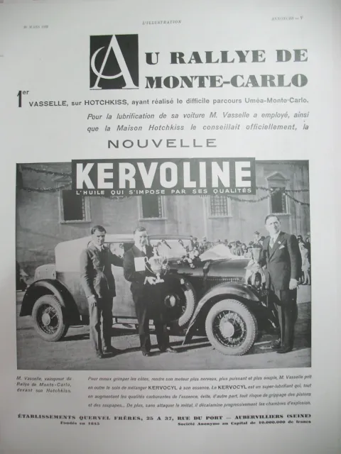 Publicite De Presse Kervoline Huile Rallye De Monte Carlo Hotchkiss Ad 1932
