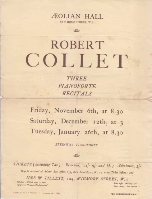 Concert Recital Programme 1936  Aeolian Hall Piano Robert Collet