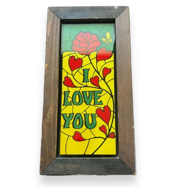 Vtg Stained Glass Sun Catcher Window Hanging Panel "I LOVE YOU" 14" X 7"