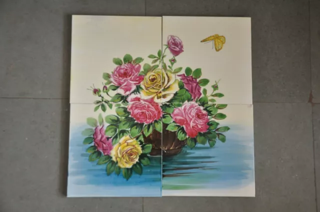4 Pc Vintage Fine Colorful Flower Basket & Butterfly Ceramic Tiles Set, Japan