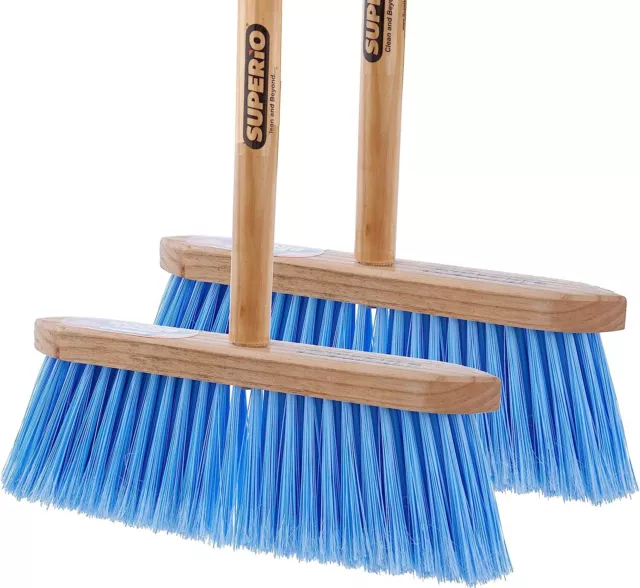 Superio Kitchen Broom - USA Wood Handle, Fine Premium Blue Bristles, 2 Pack