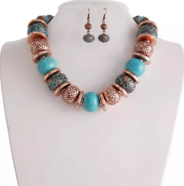 Big Copper-Tone Teal Faux-Turquoise Necklace and Earrings Set Wide and Chunky 2