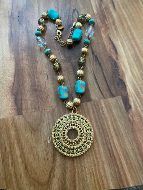 Vintage Gold Tone Rhinestone Faux Turquoise Lia Sophia Adjustable 25" Necklace