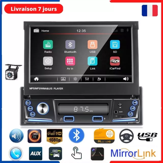 Autoradio 1Din 7 " Écran Tactile Rétractable HD Bluetooth, Mirror Link, Caméra