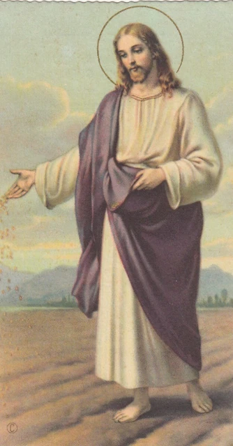 Vintage Catholic Holy Card - Jesus sowing seeds - funeral prayer 1969