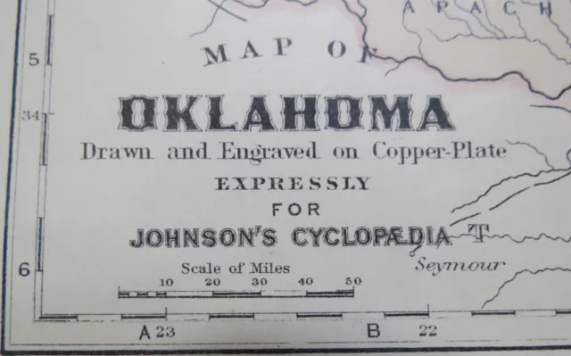 MAP of OKLAHOMA 19th C JOHNSONS CYCLOPEDIA with Indian Nations 2