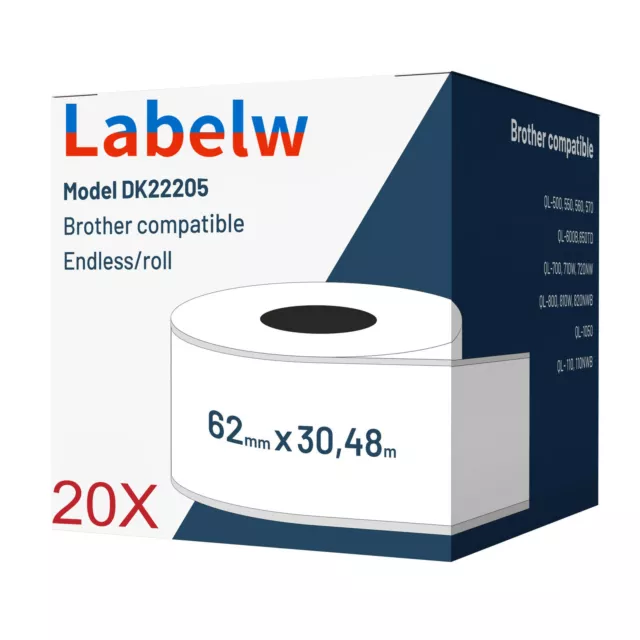 20x Label kompat. zu Brother DK22205 62 mm x 30,48m endlos +1x Wechselhalter