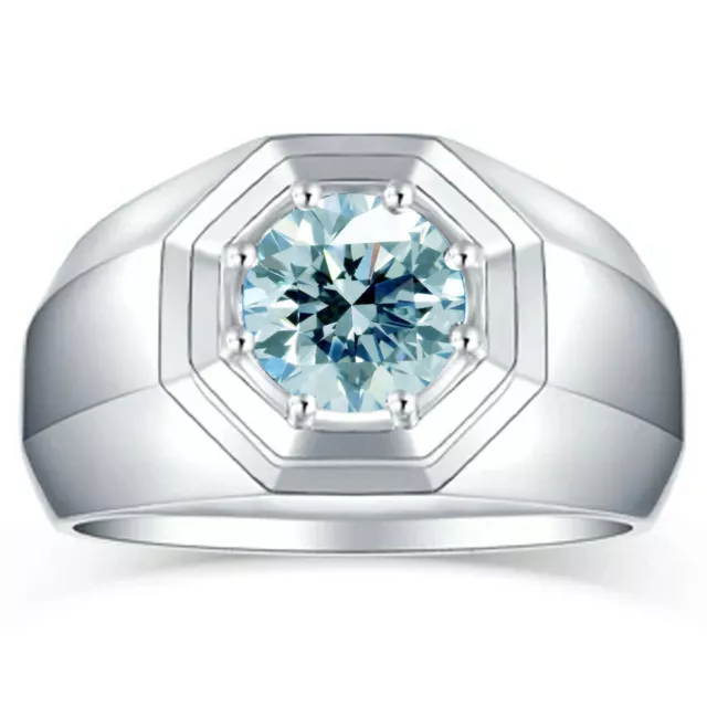 2.09 Ct Vvs1 /Blue Round Moissanite Engagement Men's Ring 925 Silver Size 9.5