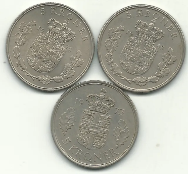 High Grade Lot Of 3 Denmark 5 Kroner Coins-1968,1973,1975-Dec122