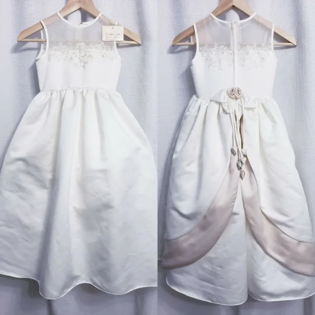 NWT Ginnis Ivory Satin Layered Beaded Flower Girl Dress size 6T Formal Gown