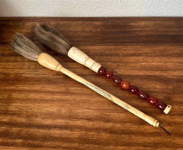 Pair Vintage Chinese Calligraphy Horse Hair Brushes, Scrimshaw Stone Beads