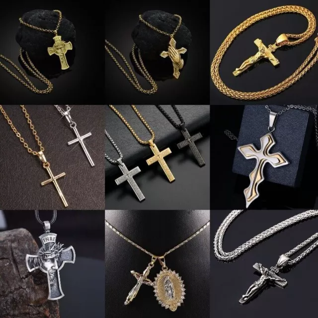 925 Silver,Gold Catholic Crucifix Jesus Cross Pendant Men Necklace Chain Jewelry