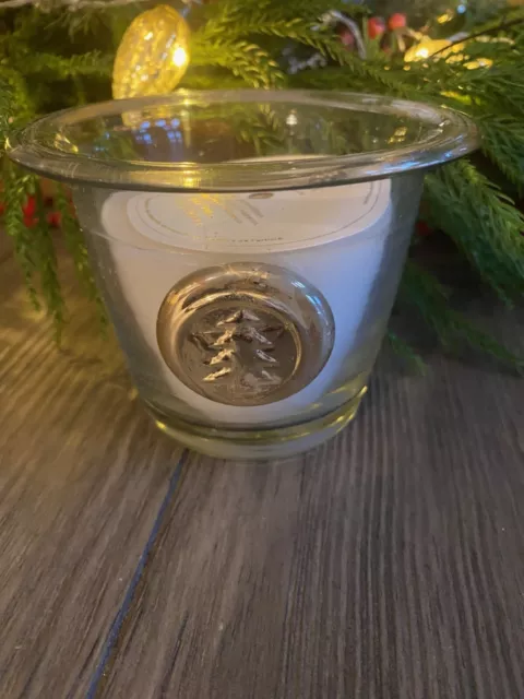 RARE NEW Pottery Barn Vintage Stamp Glass Pot Christmas Winter Spruce Candle NWT