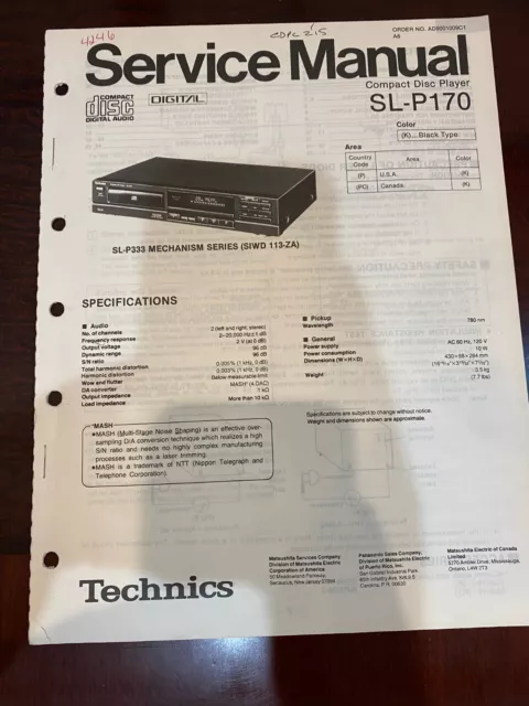 TECHNICS SL-P170 SLP170 CD PLAYER Service Manual FROM THE USA **ORIGINAL**