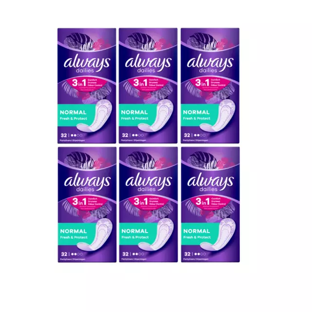 6 x Always Dailies Fresh and Protect Panty Liners Normal 32 Pads
