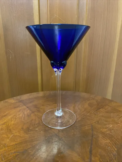 Murano Art Glass Cobalt Blue & Clear Ribbed Stem Work Fine Martini Glass 8”