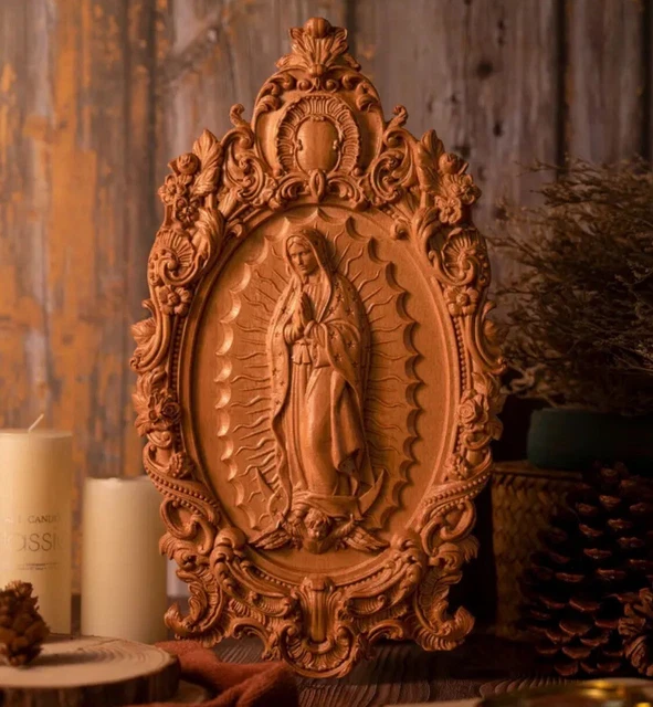 OUR LADY GUADALUPE, Virgin Mary Mother of God wooden carved statue ...