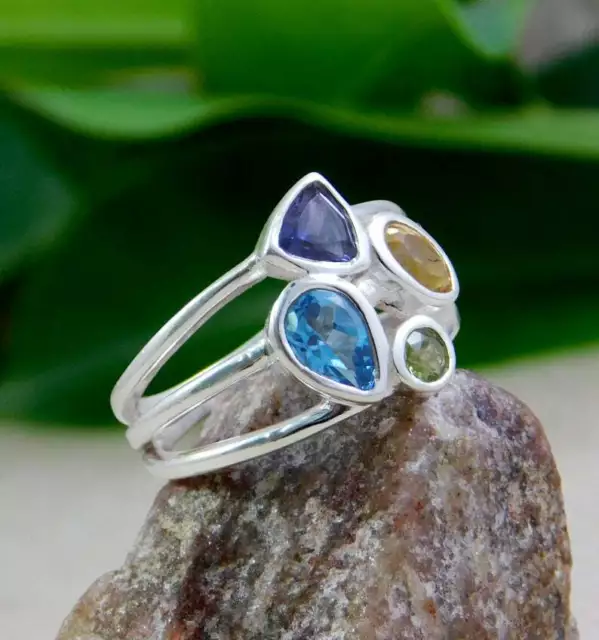 925 Sterling Silver Ring,Blue Topaz,Peridot,Amethyst Iolite Ring Gemstone Ring