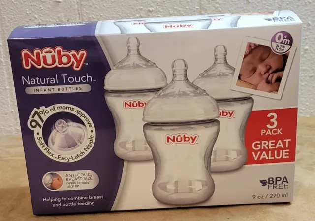 Nuby Natural Touch Infant Feeding Bottle 9 oz Slow Flow 3 Pack Bottles