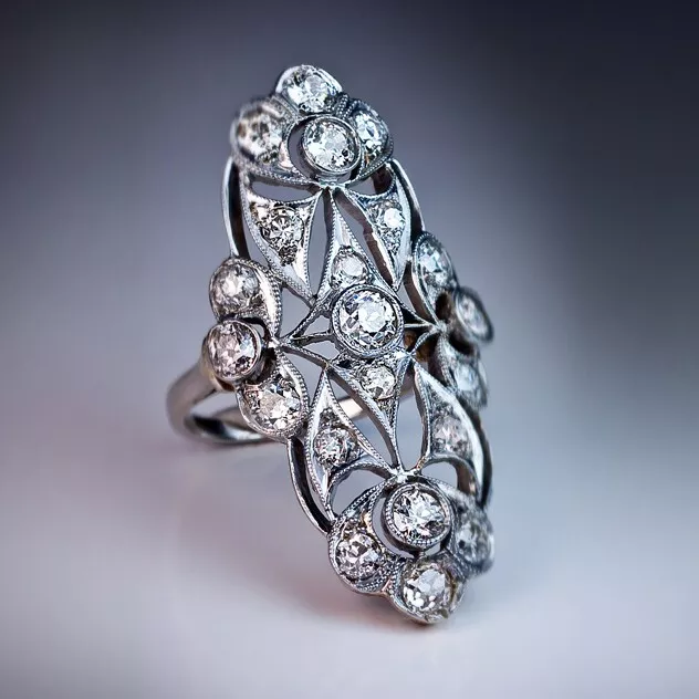 2 Ct Simulated diamond elongated Vintage Style Engagement Ring 925 silver Plated