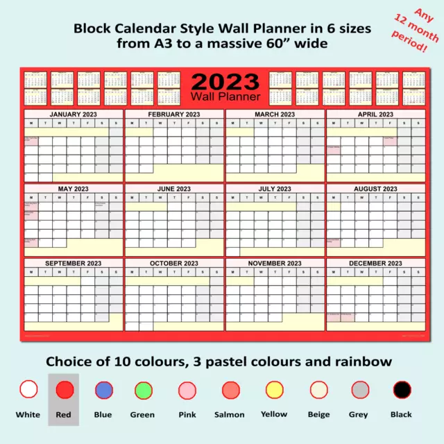 2023 year wall planner block calendar style landscape 14 colours 6 sizes [F]