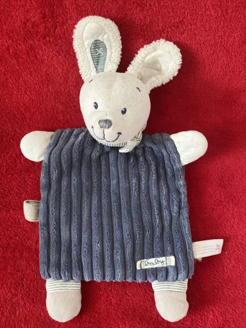 🇫🇷 Doudou Plat Lapin Lanc Carré Bleu Côtelé Attache Tétine NICOTOY