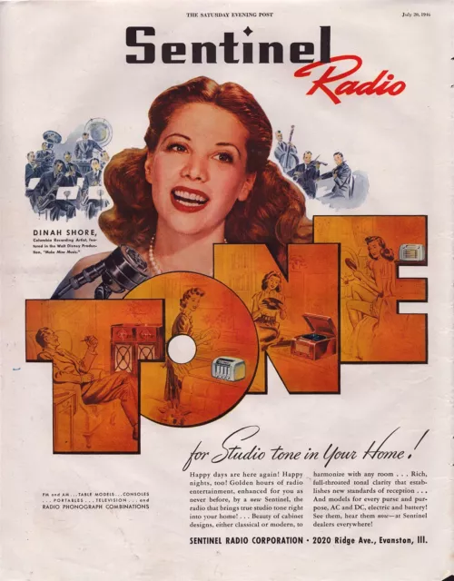1946 Sentinel Radio Tone Dinah Shore Columbia Recording Vintage Print Ad L57
