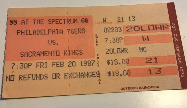 1987 Feb 20 Philadelphia 76ers vs Kings Basketball Ticket Stub Spectrum