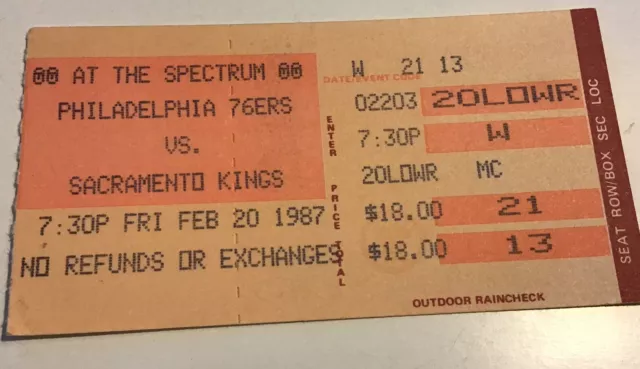 1987 Feb 20 Philadelphia 76ers vs Kings Basketball Ticket Stub Spectrum