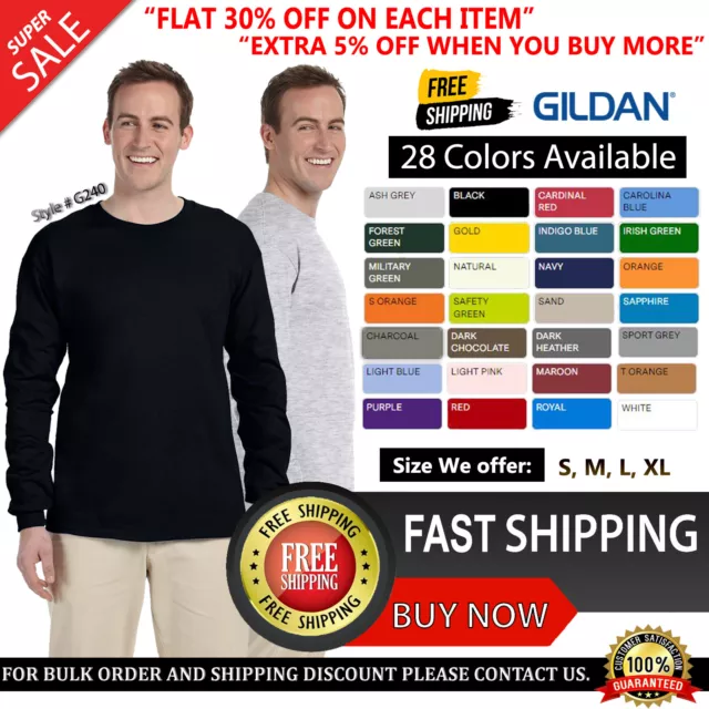 Gildan Ultra Cotton Mens G240 Crewneck T Shirt Long Sleeve T-Shirt S-5XL - 2400