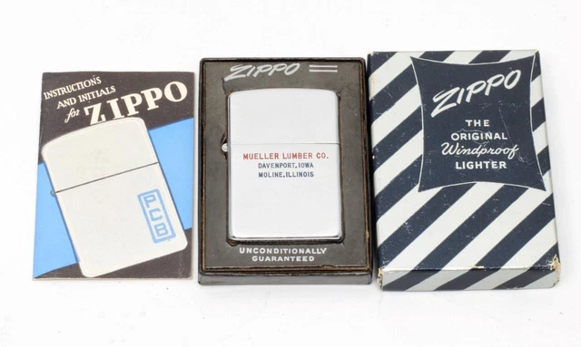 Vintage 1950 Zippo Lighter Advertising Mueller Lumber Nickel Silver Insert NMIB