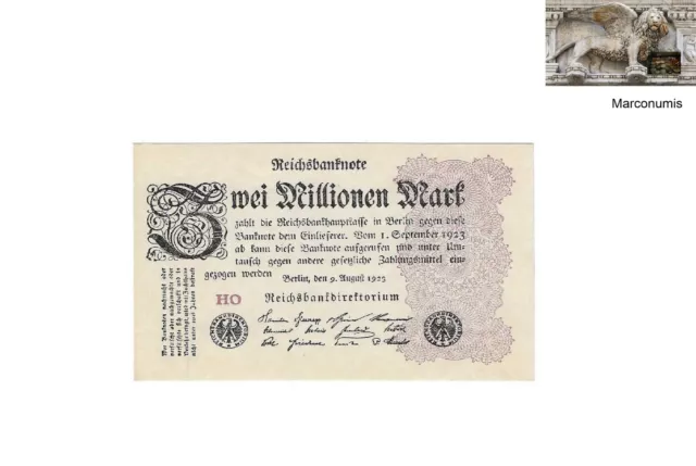 Two Millions Marks German banknote issued in 09.08.1923 HO aunc