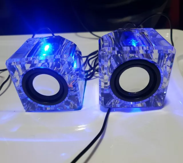 Clear Acrylic USB Corded Mini Computer Speakers Light-Up Blue