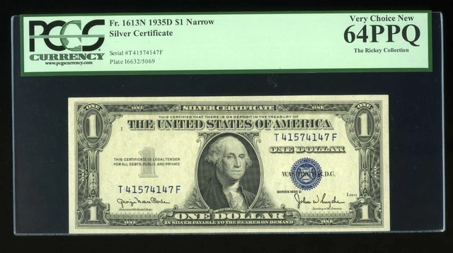 DBR 1935-D $1 Silver Fr. 1613N Narrow TF Block PCGS 64 PPQ Serial T41574147F