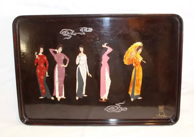 Vtg Beautiful Oriental Asian Japan Painted Lacquer Tray Brown  15 1/2" x 10 1/2"