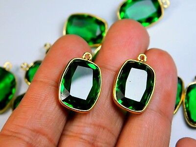 Pair Of Faceted Cushion Hydro Emerald Qtz Electro Gold Plated Bezel Connectors