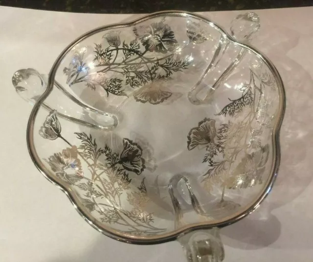 Silver City Cambridge Glass Flanders Poppy Silver Overlay 3 Footed Clear Bowl!