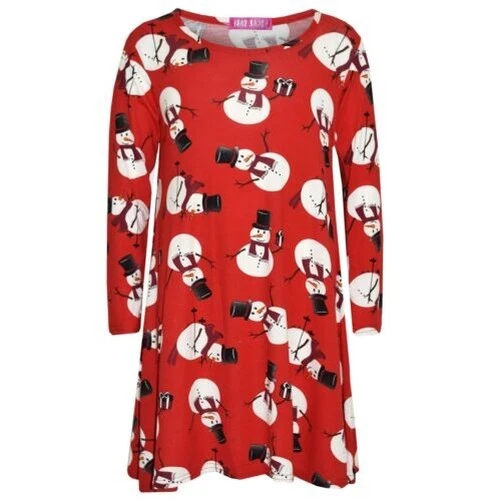 Ragazze Natale Abito Bambini Pupazzo di Neve Swing Top con Libero Stemma 3-13