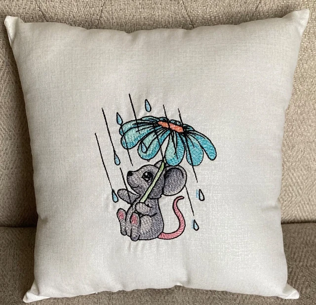 Baby Mouse in the Rain Machine Embroidered Nursery Accent Pillow 8 3/4" X 8 3/4"