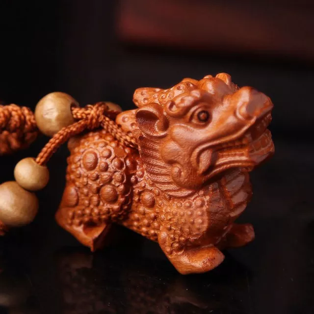 Carving Chinese Wealth Pixiu Pi Yao Wood 3D Statue Sculpture Pendant Key Chain