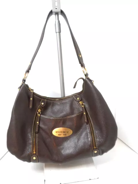 Maxx New York Womens Front/Side Pocket 3 Section Shoulder Bag Brown Leather