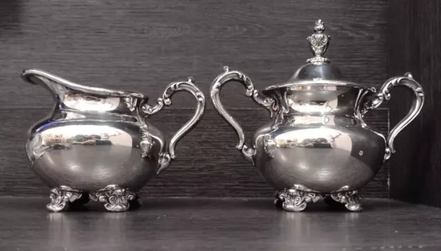 Poole Silver Plate Old English 5000 Silver Sugar Bowl w/ Lid and Creamer USA