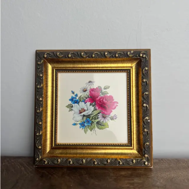 Small Miniature Art Framed Floral Ceramic Tile